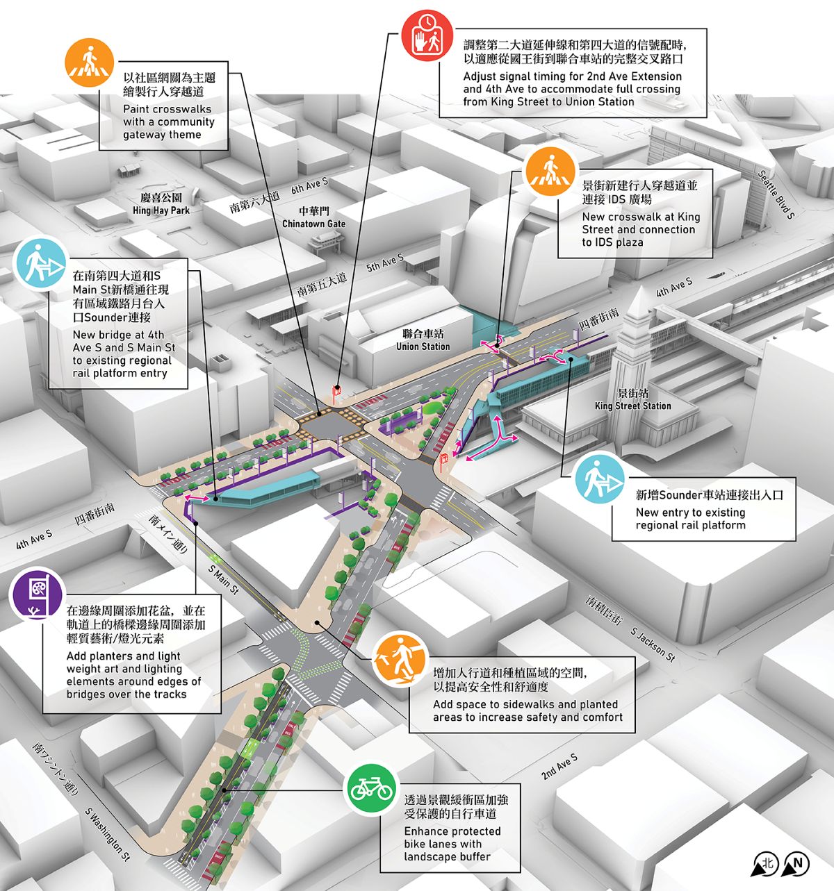 Aerial map showing the area along 2nd Ave Ext S and 4th Ave S between S Washington St and S Jackson St in Seattle. Shows aerial view of potential transportation and development improvements nearby.